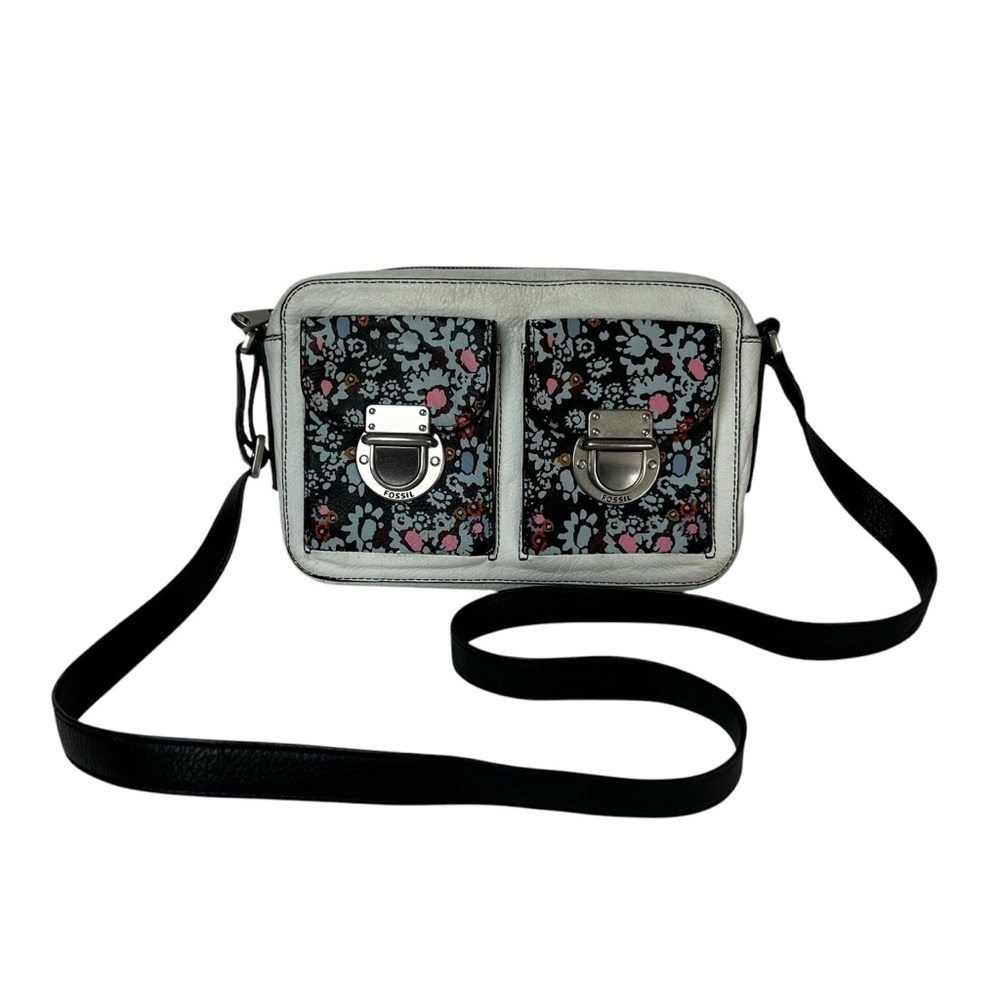Fossil Riley Leather Crossbody Bag White Floral Print Dual Pocket Small Purse